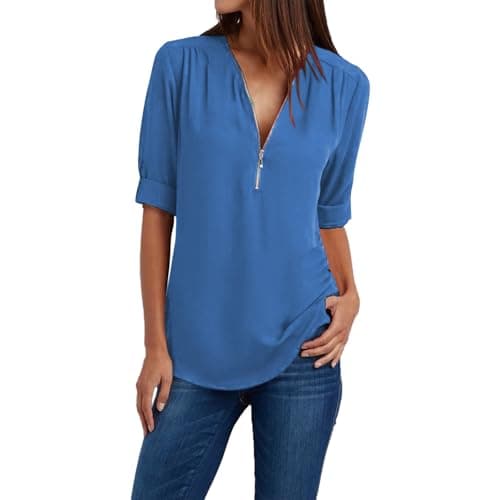 Trendy Plus Size Zip Front 3/4 Sleeve V Neck Summer Tops
