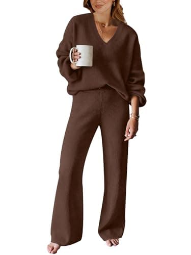 ANRABESS Women's Long Sleeve Cable Knit Set with Wide Leg Pants