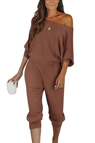 PRETTYGARDEN Women's Off-Shoulder Ribbed Tracksuit with Pockets