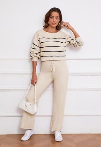 Pink Striped Knitted Sweater & Wide Leg Pants Outfit for Women Lounge Sets