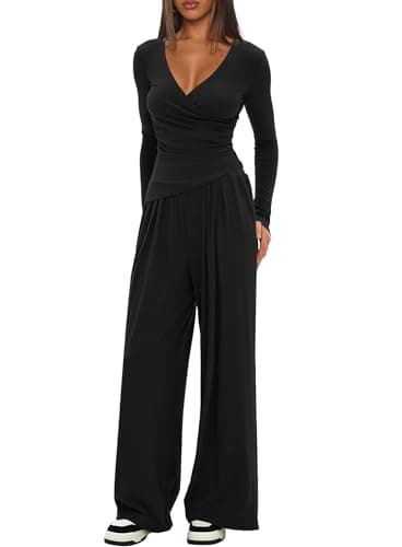 Darong Women's Lounge OutfitSet: V-Neck Shirts & Wide Leg Pants