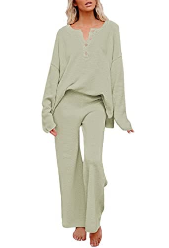 Pink Queen Women's Long Sleeve Button Sweater Top & Wide Leg Knit Pants Outfit Set