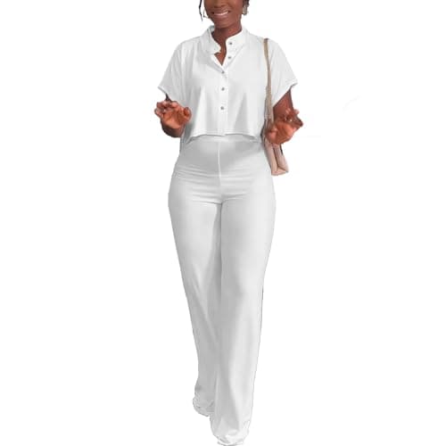 HBQ Women's Summer Casual 2-Piece Tracksuit Crop Top Wide Leg Pants