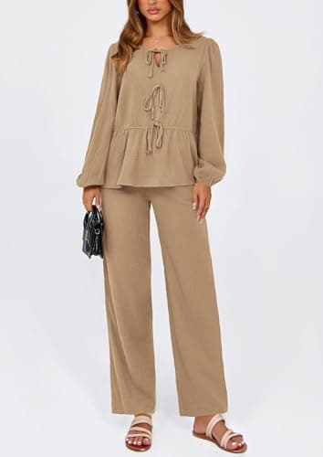PRETTYGARDEN Women's Tie Front Long Sleeve Top & Wide Leg Pant Loungewear Set