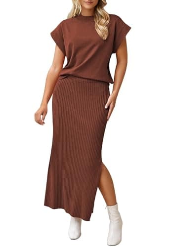 Pink Queen Women's Summer Cap Sleeve Sweater SET Bodycon Maxi Knit Dress