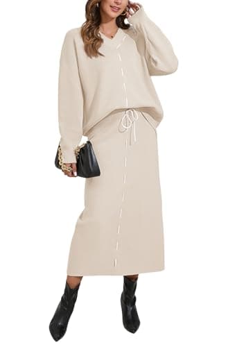 Pink Queen 2024 Women's V-Neck Sweater & Long Sleeve Maxi Skirt Casual Set
