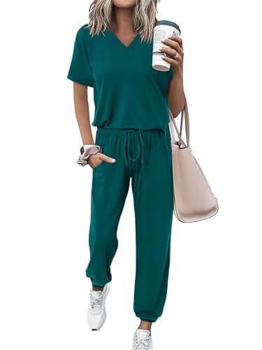 MASCOMODA Women's Summer V-NeckShort Sleeve Top & Long Pants Tracksuit