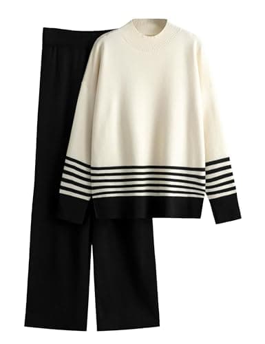 Tanming Women's 2 Piece Knitted Lounge Outfit Sweater Tops Wide Leg Pants Tracksuit