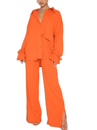 LYANER Women's Button Down Long Sleeve Shirt & Wide Leg Pants Set