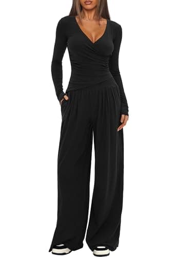 Darong Women's Lounge OutfitSet: V-Neck Shirts & Wide Leg Pants
