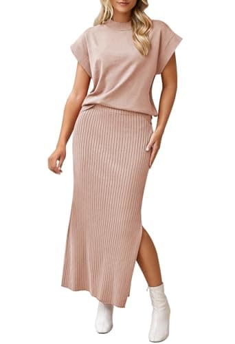 Pink Queen Women's Summer Cap Sleeve Sweater SET Bodycon Maxi Knit Dress