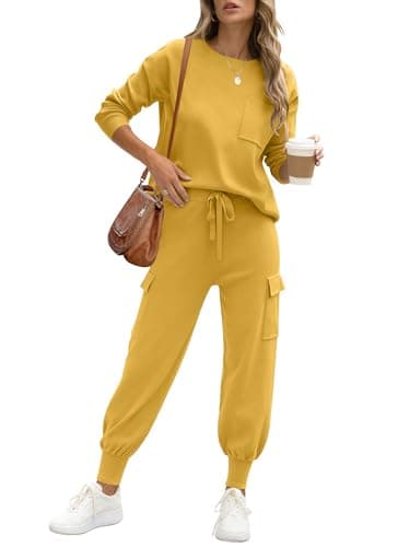 Caracilia Women's Long Sleeve Knit Outfit Matching Jogger Pants Fall Lounge Sets
