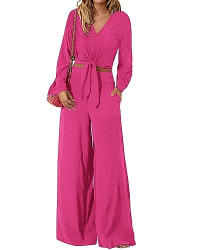 PrettyGarden Women's 2025 Spring V Neck Crop Top & Wide Leg Palazzo Pants Outfit Sets