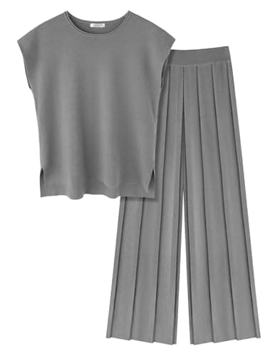 Ekouaer Women's Knit Cap Sleeve Tops & Wide Leg Pleated Pants Casual Sweater Sets