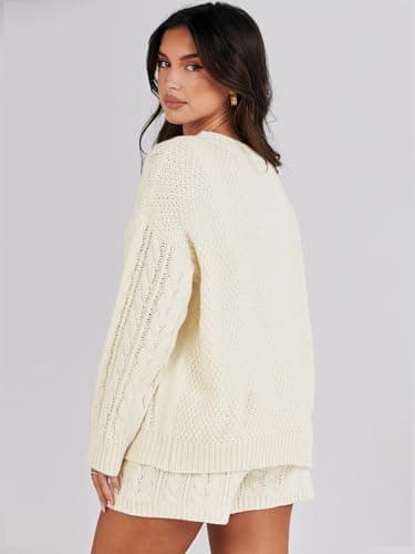 ANRABESS Women Cable Knit Oversized Sweater and Matching Short Pants Set
