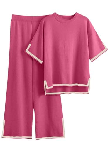 Women's 2 Piece Sweater Set with Short Sleeve Pullover and Wide Leg Pants