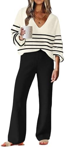 ETCYY New Women's Sweater Lounge Set Casual V-Neck Long Sleeve Top Wide Leg Pants