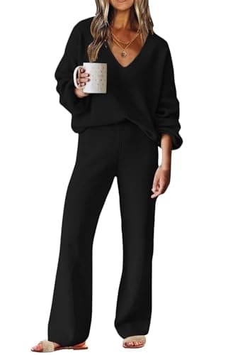 ETCYY New Women's Sweater Lounge Set Casual V-Neck Long Sleeve Top Wide Leg Pants