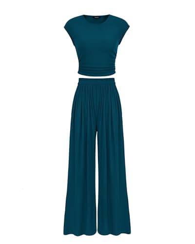 PRETTYGARDEN Women's Summer 2-Piece Outfits Cap Sleeve Ruched T-Shirt Wide Leg Pant Set