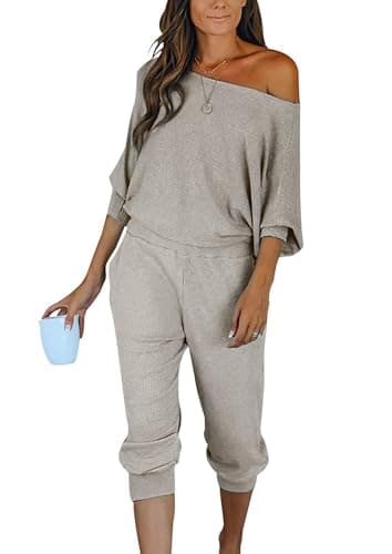 PRETTYGARDEN Women's Off-Shoulder Ribbed Tracksuit with Pockets