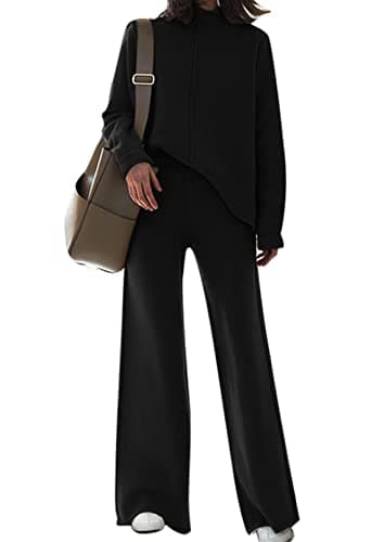 High Neck Knitted Sweater and Wide Leg Pant Set for Women