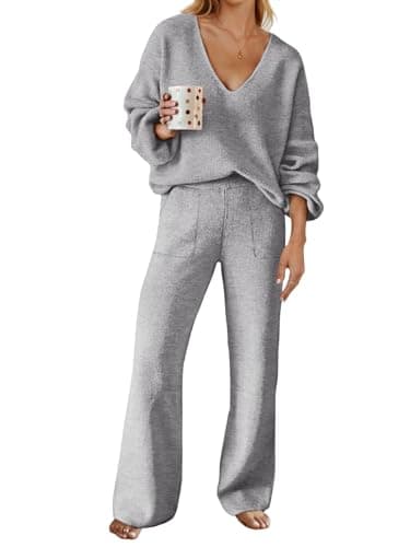 MEROKEETY Women's Long Sleeve Knit Top & Wide Leg Pant Lounge Set