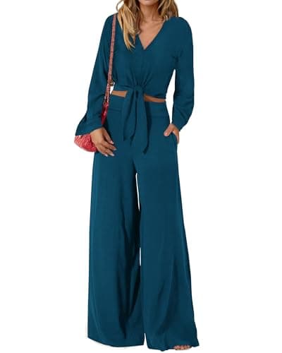 PrettyGarden Women's 2025 Spring V Neck Crop Top & Wide Leg Palazzo Pants Outfit Sets