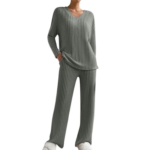 2024 Trendy Lightweight Knit Lounge Sets for Women V-Neck Straight Leg