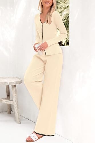 PrettyGarden Women's 2024 Winter Knit Lounge Sets Wide Leg Pants Buttons