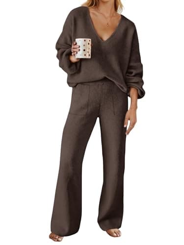 MEROKEETY Women's Long Sleeve Knit Top & Wide Leg Pant Lounge Set