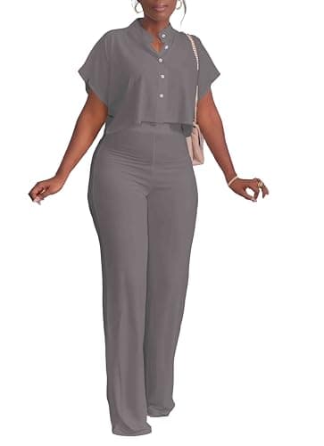 HBQ Women's Summer Casual 2-Piece Tracksuit Crop Top Wide Leg Pants