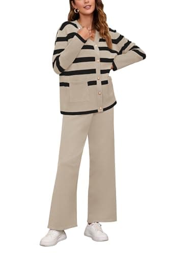 Viottiset Women's Stripe Sweatsuit Set: Long Sleeve Button Sweatshirt & Wide Leg Sweatpants