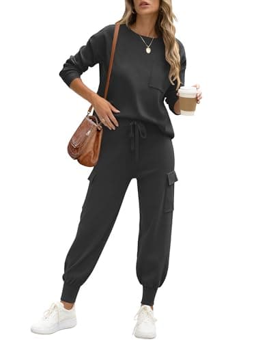Caracilia Women's Long Sleeve Knit Outfit Matching Jogger Pants Fall Lounge Sets