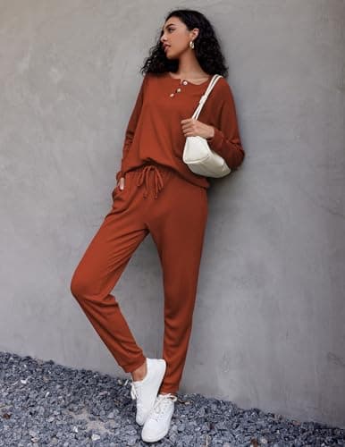 Ekouaer Women's Waffle Knit Pajama Set Long Sleeve S-XXLCasual Loungeewear