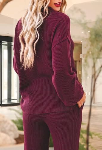 Pink Queen Women's Long Sleeve Knit Sweater Set with Wide Leg Pants