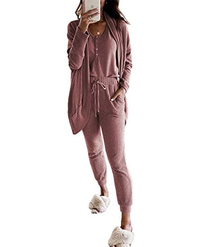 Fessceruna Women's Waffle Knit Lounge Set Tank Top & Long Sleeve Cardigan Pants