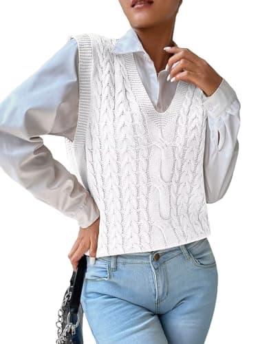 RefindWin Women's Casual V-Neck Cable Knit Sweater Vest