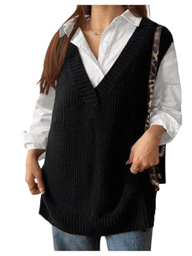 MakeMeChic Women's Plus Size Loose V-Neck Cable Knit Sweater Vest