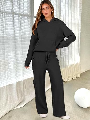 ANRABESS Women's Hooded Knit Sweater & Straight Leg Pants Fall Travel Outfit