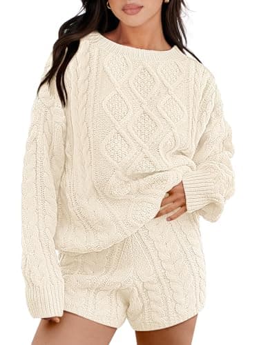 ANRABESS Women Cable Knit Oversized Sweater and Matching Short Pants Set