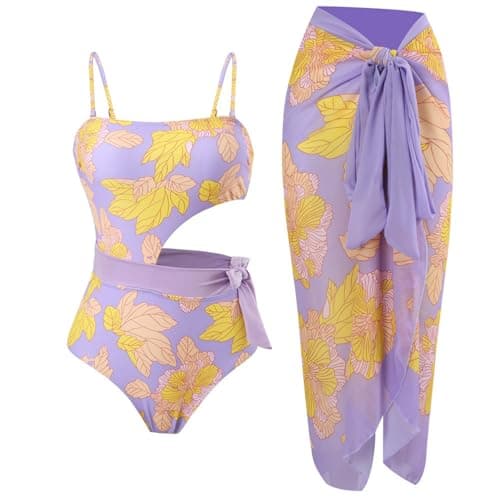 Cethrio Plus Size Vintage Printed Bodystyle Swimwear with Sarong Wrap Skirt