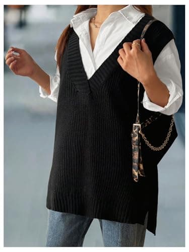 MakeMeChic Women's Plus Size Loose V-Neck Cable Knit Sweater Vest