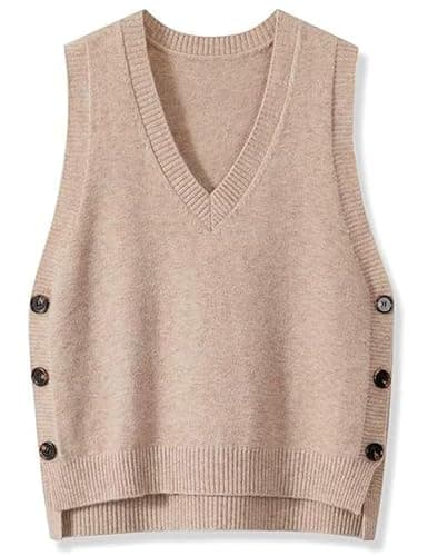 Oulivey Women's Side Button Down Sleeveless V-Neck Knit Sweater Vest