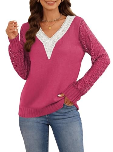 Trendy Long Sleeve Lace V Neck Knit Loose Pullover Sweaters for Women