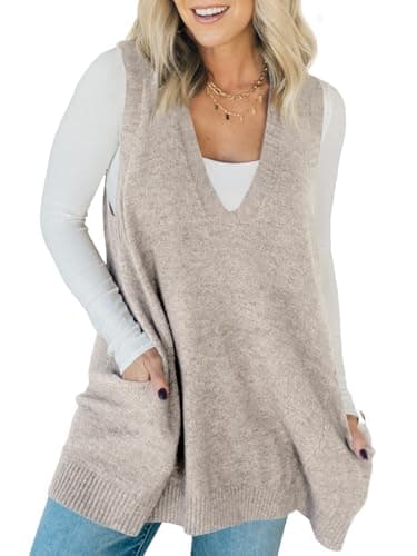 Saodimallsu Women's V-Neck Loose Knit A-Line Flattering Sleeveless Sweater Vest with Pockets