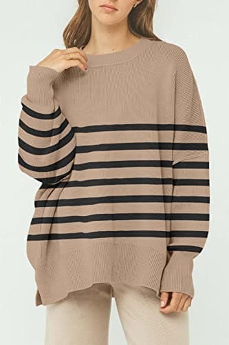 SAUKOLE Women's Oversized Zip-Up Striped Sweatshirt with Batwing Sleeves