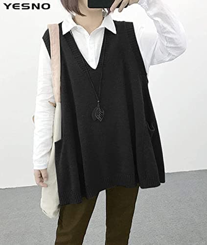 Oversized Cotton Knit Sweater Vest for Women with Drop Pockets