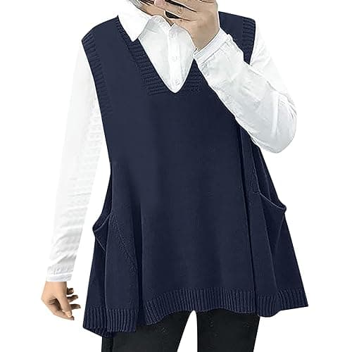 Oversized Women's V Neck Sweater Vest with Pockets