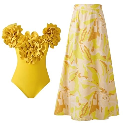 Cethrio Plus Size Vintage Printed Bodystyle Swimwear with Sarong Wrap Skirt