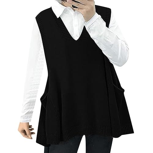 Oversized Women's V Neck Sweater Vest with Pockets